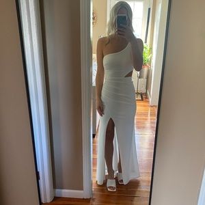 All white Crystal Doll asymmetrical with cut out dress rehearsal/reception